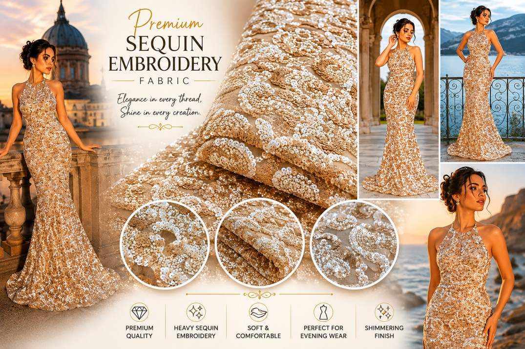 Premium gold sequin embroidery fabric — wholesale exporter Texorica Fabrics, Surat, India. Heavy sequin work on net base for bridal couture, evening gowns and designer wear.
